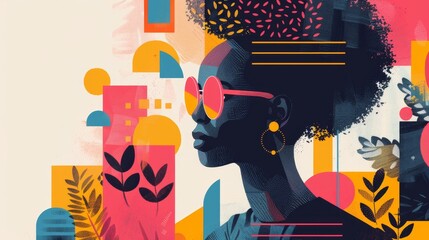 Silhouette of a woman with sunglasses in a colorful abstract background. Modern art illustration....