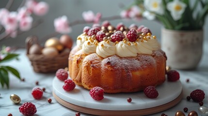 Easter background. Beautiful composition of Easter cake with multi-colored eggs and spring flowers on a delicate background. Spring holidays concept with copy space.