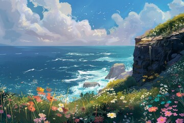 A painting depicting a seaside cliff adorned with wildflowers, offering a stunning view of the ocean.