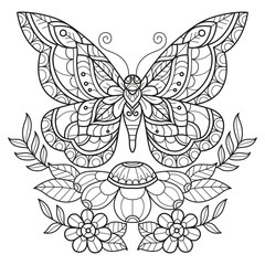 Cute butterfly and flower hand drawn for adult coloring book