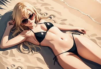Blonde girl in sunglasses sunbathes on the beach. Summer holiday, anime style