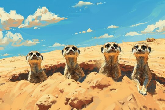A playful group of meerkats sitting on top of a sandy hill, popping their heads out.