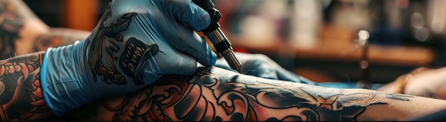  Close-up of a tattoo artist inking a custom design on a client, showcasing the precision and artistry  - obrazy, fototapety, plakaty