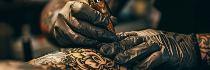  Close-up of a tattoo artist inking a custom design on a client, showcasing the precision and artistry  - obrazy, fototapety, plakaty