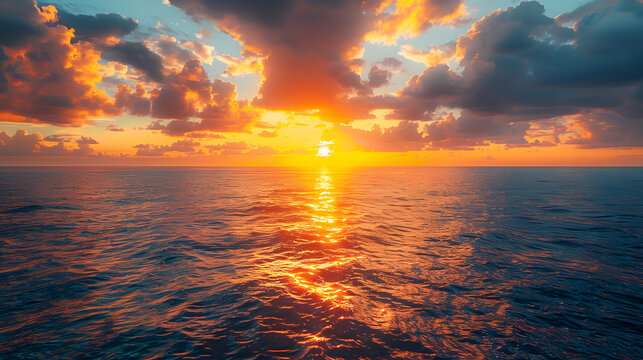 A photo featuring the breathtaking moment when the sun breaks the horizon, casting a golden glow over the calm waters of the sea. Highlighting the majestic beauty of the sunrise.