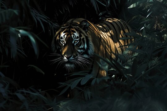A majestic tiger confidently walks through a vibrant green forest.