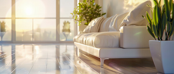A white couch sits in a living room with a potted plant in front of it