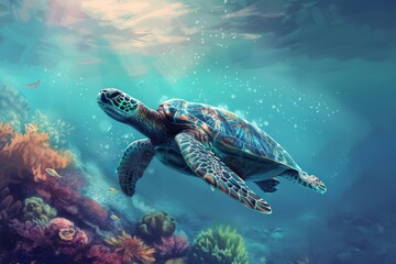 Obraz na płótnie Canvas A serene sea turtle gracefully glides through the crystal clear waters of the ocean.