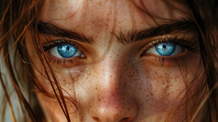 A close-up shot of a stunning woman's face with her blue eyes highlighted. Generative Ai