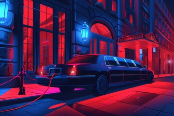 A sleek black limousine is parked on the side of the street, illuminated by the city lights at night.