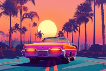 A stylish convertible car is captured in motion as it drives down a road lined with palm trees in the background.