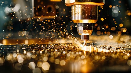 Macro shot of a drill press in operation, drilling into a piece of steel, metal shavings in focus