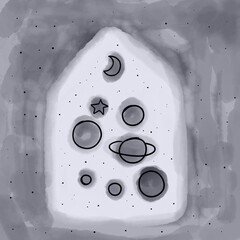planets and the moon in the horoscope house. space illustration on a background of stars. astrology. black and white picture.