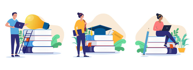 Education and school illustrations - Set of student people with computer and books, taking classes and learning while reading and studying. Flat design vector with white background