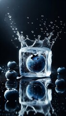 Close up of a blueberry encapsulated in an ice cube on black background