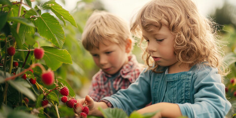 children are picking raspberries from the backyard garden