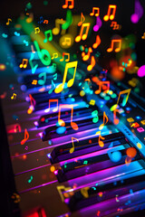 musical keyboard and colourful music notes