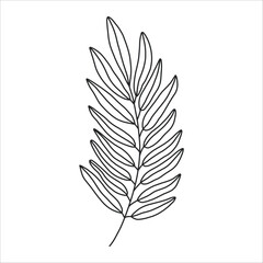 Obraz premium Black silhouette of a plant branch. Flower branch in outline style hand drawn on isolated white background. Vector stock illustration. Tropical leaves. Minimal line art for print, cover or tattoo. 