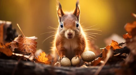 Fotobehang a squirrel standing on a pile of eggs © Oleg