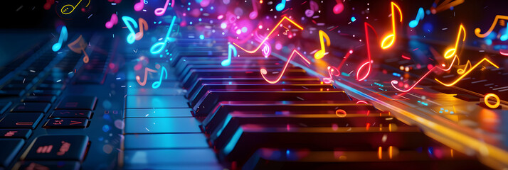 musical keyboard and colourful music notes
