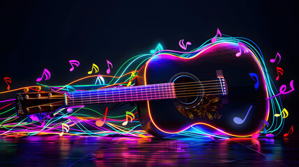 acoustic guitar and colourful music notes - obrazy, fototapety, plakaty