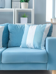 Modern Blue Couch with Striped Pillows