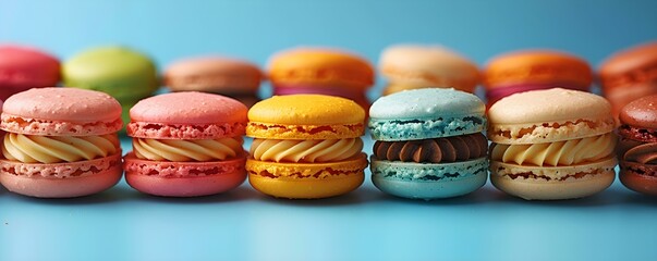 Tempting and Delectable: Vibrant Macarons Displayed on a Bright Background. Concept Food Photography, Vibrant Colors, Dessert Styling, Sweet Treats, Eye-catching Display,