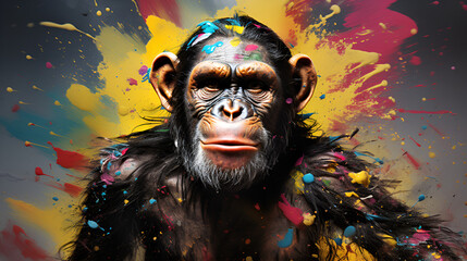  brightly colored monkey with a black background close up of a monkey with a colorful face Colourful Chimpanzee T-shirt design with white background - obrazy, fototapety, plakaty