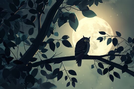 An image of a wise owl sitting on a tree branch in front of a full moon, showcasing the majestic beauty of nature.
