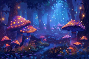 A painting capturing the magical sight of a forest illuminated by the glow of mushrooms. - obrazy, fototapety, plakaty