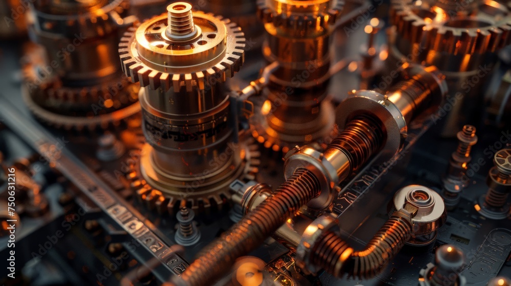 Poster steampunk network hardware with brass and copper gears powering data transmission through mechanical