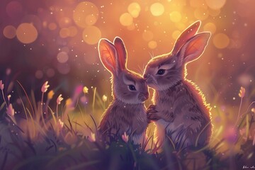 Two bunnies nuzzling each other affectionately as they sit next to each other on a field.