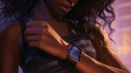 Closeup of a black female using a smartwatch wear