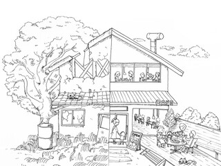 空き家を利活用してカフェにリノベーションしたビフォーアフターの線画イラスト