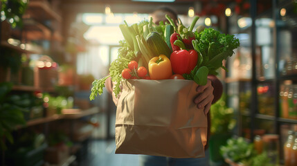 Man Holding a Brown Paper Bag With Fresh Vegetable