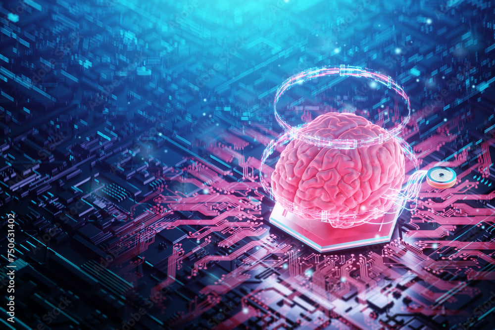 Aufkleber a chip implanted in the brain, neurotechnology, a microprocessor connected electrically to human neu