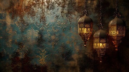 Photo islamic decoration background with arabic lantern crescent islamic pattern with copy space 