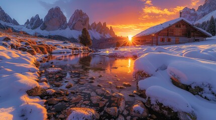 Epic Mountain Sunset: A breathtaking landscape shot capturing the vibrant hues of a sunset over towering mountain peaks, evoking a sense of adventure.