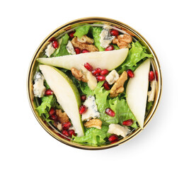 Delicious pear salad in bowl isolated on white, top view