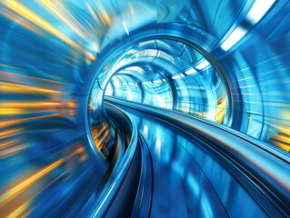 Dynamic motion through a futuristic blue tunnel with light streaks