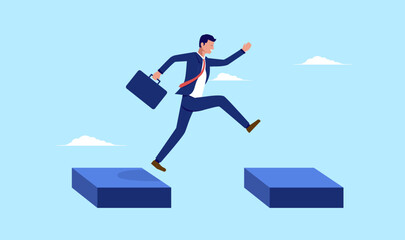Fototapeta na wymiar Businessman jumping - Businessperson taking chances with giant leap of faith over platform high up in sky. Business risk and step forward concept in flat design vector illustration