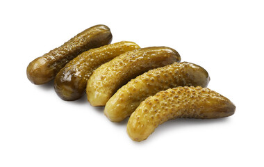 Many tasty pickled cucumbers isolated on white