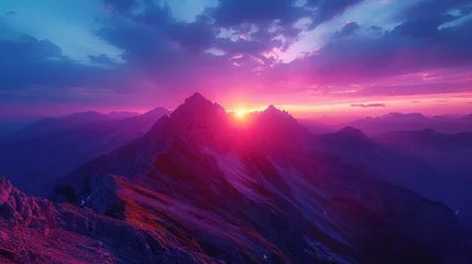 Foto op Plexiglas Epic Mountain Sunset: A breathtaking landscape shot capturing the vibrant hues of a sunset over towering mountain peaks, evoking a sense of adventure. © Nico