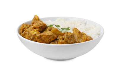 Delicious chicken curry with rice isolated on white