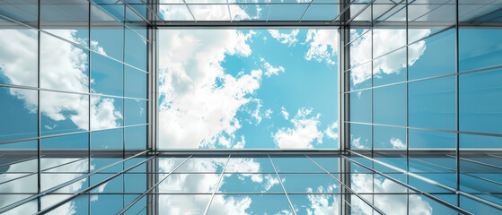 A clear blue sky with a few clouds and a glass window