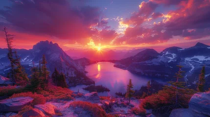 Foto op Canvas Epic Mountain Sunset: A breathtaking landscape shot capturing the vibrant hues of a sunset over towering mountain peaks, evoking a sense of adventure. © Nico