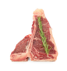 Raw t-bone beef steak and rosemary isolated on white, top view