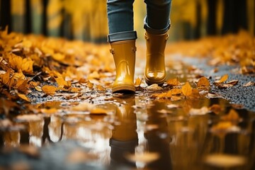 Child in yellow rubber boots walking and jumping over a puddle Have fun outdoors Children activity - obrazy, fototapety, plakaty