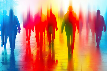 Fototapeta premium Silhouettes of people walking, bathed in radiant colorful lights