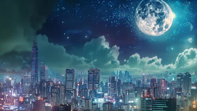 moonlit city. cartoon and anime style	